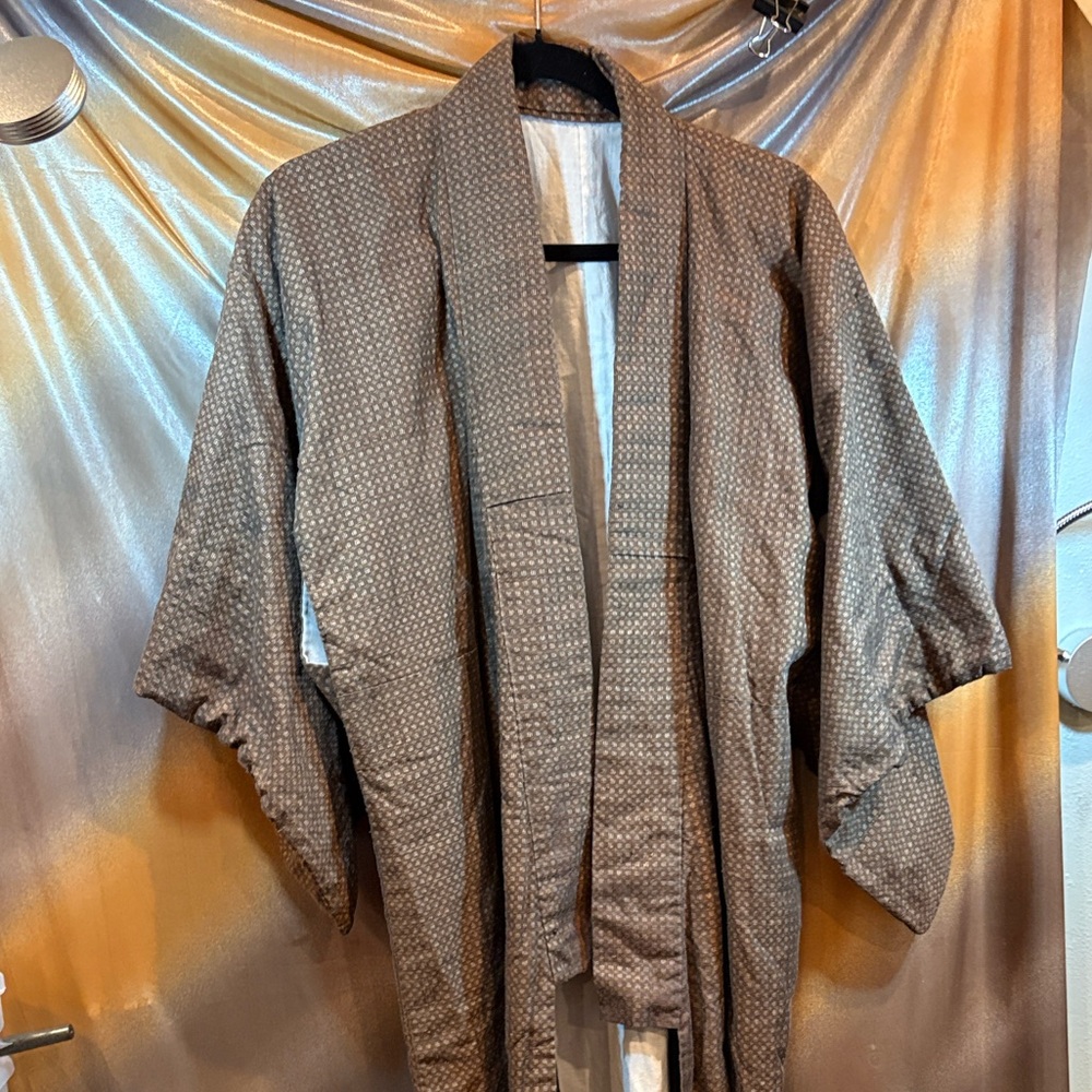 Brown Patterned‎ Yukata cotton Kimono Robe white black lined. 302